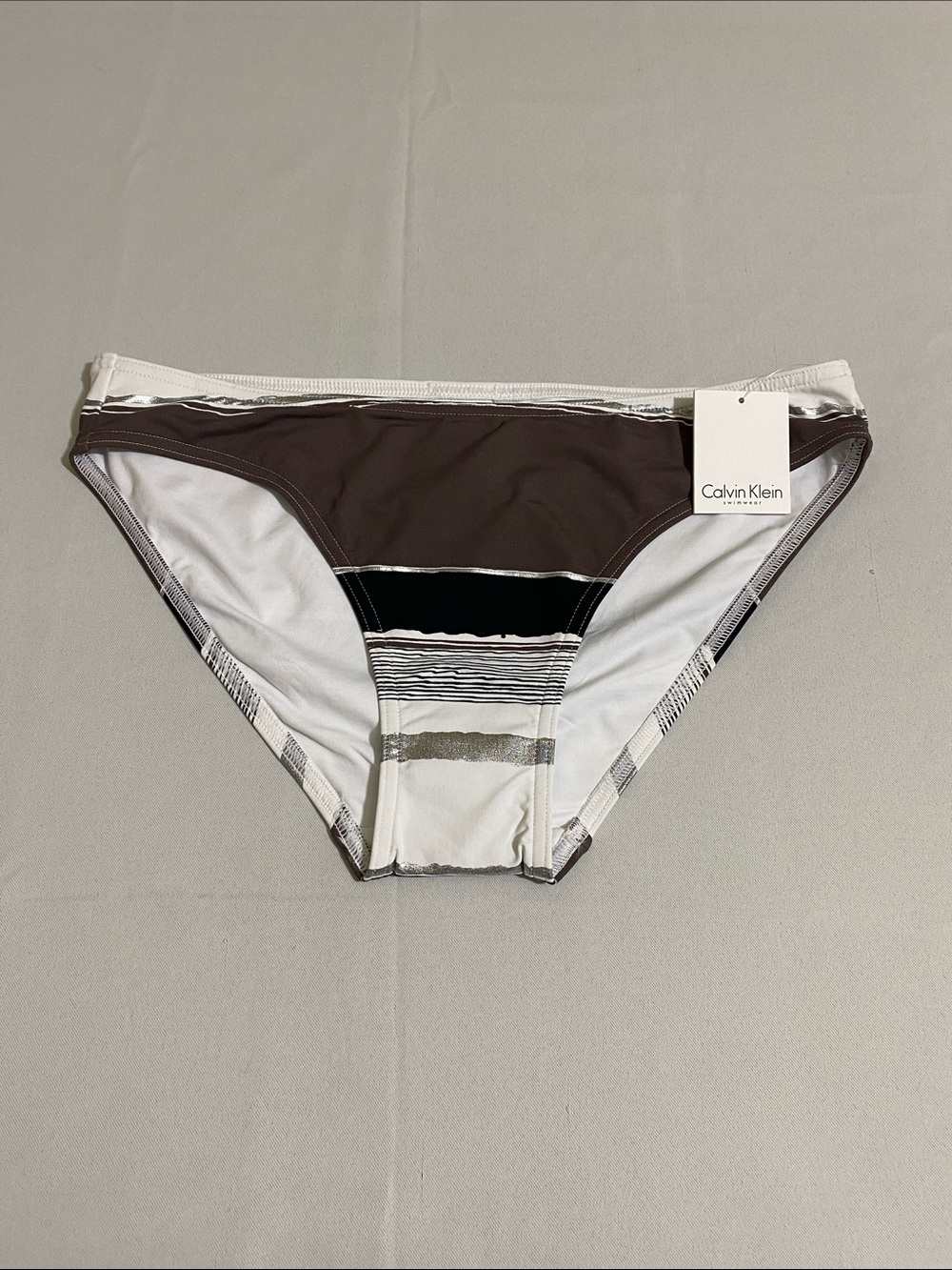 CALVIN KLEIN Classic Hipster Bikini Bottom w Metallic Silver Stripes Size M